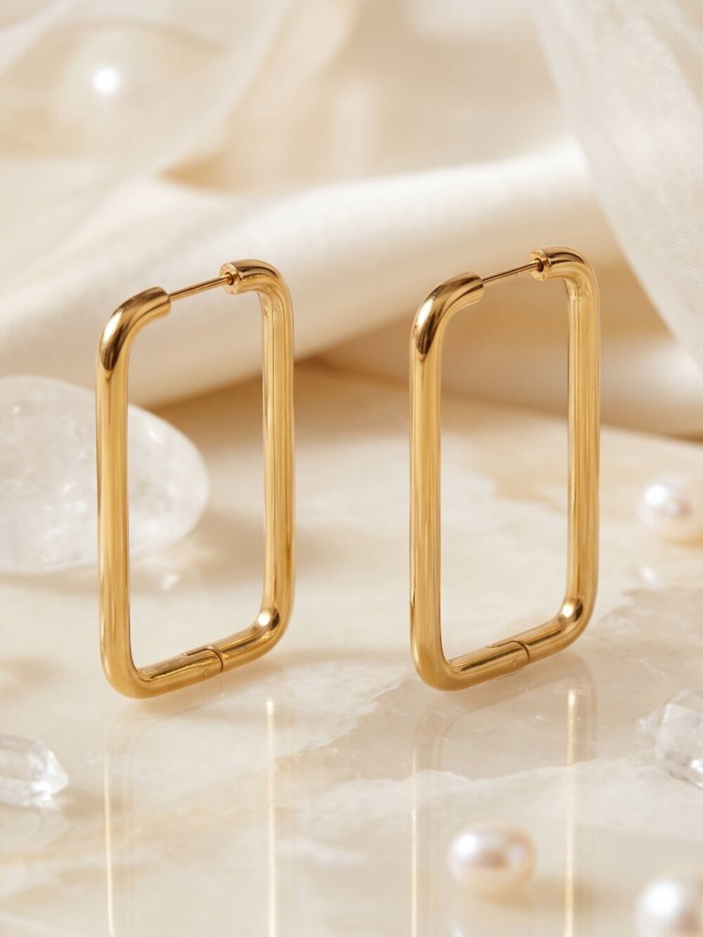 Rectangle Hoop Earrings 18K Gold Plated 316L SS Clean Girl Quiet Luxury 1.55"